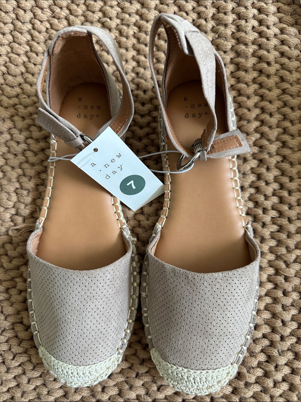 a new day Women's Taupe Perforated Espadrille Ankle-Strap Flats